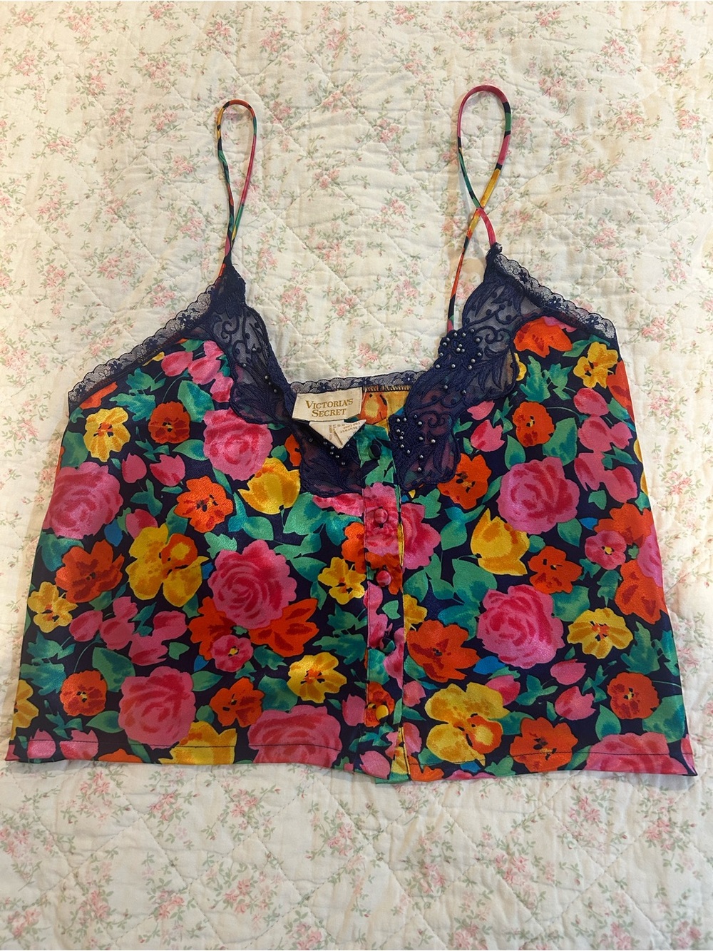 Victoria's Secret Navy Floral Lace-Trim Cami with Pink, Yellow & Orange Flowers